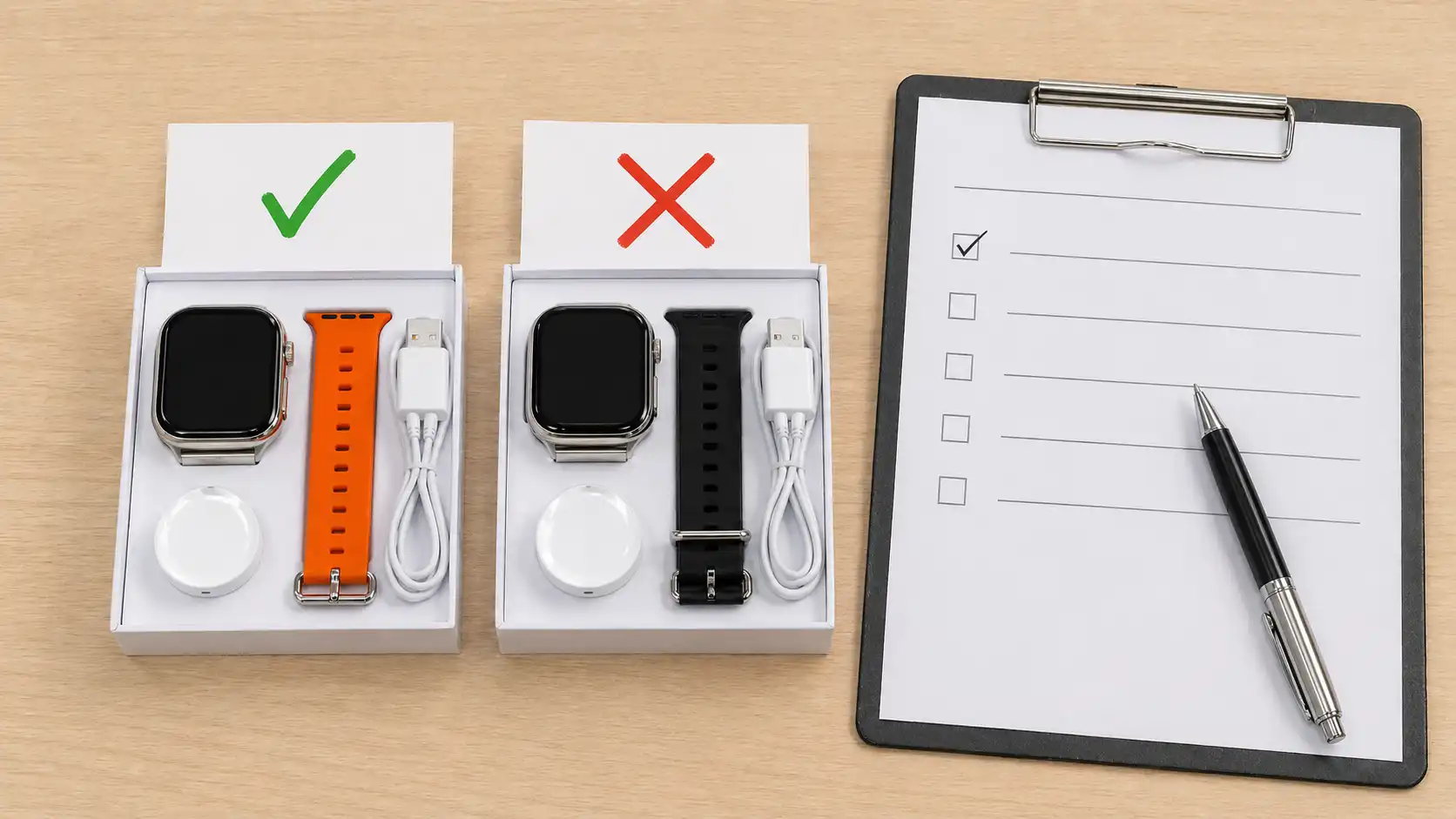 Approved and rejected smartwatch samples compared with a supplier decision checklist