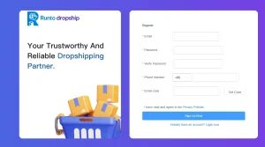 Runtodropship signup page for Shopify sellers using a private dropshipping agent app