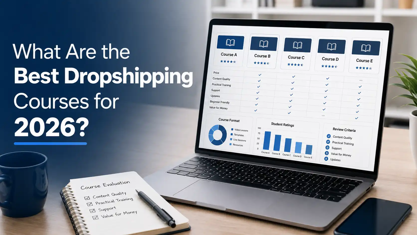 Best Dropshipping Courses 2026 comparison dashboard on a laptop