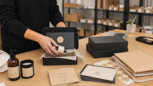 A branded dropshipping packing workspace with custom boxes, thank-you cards, product packaging, and warehouse shelves in the background.