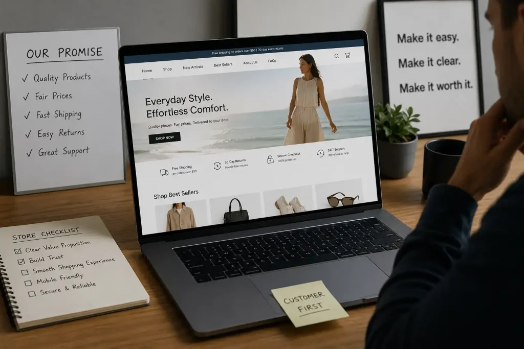 Store owner reviewing an ecommerce website with clear product, shipping, return, checkout, and customer support information