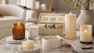 Assorted jar, gift set, sculptural, pillar, and flameless candles displayed on a marble table
