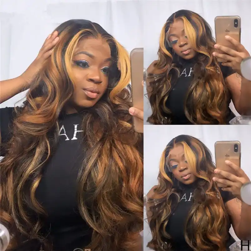 Long highlighted wig shown from several customer-style angles