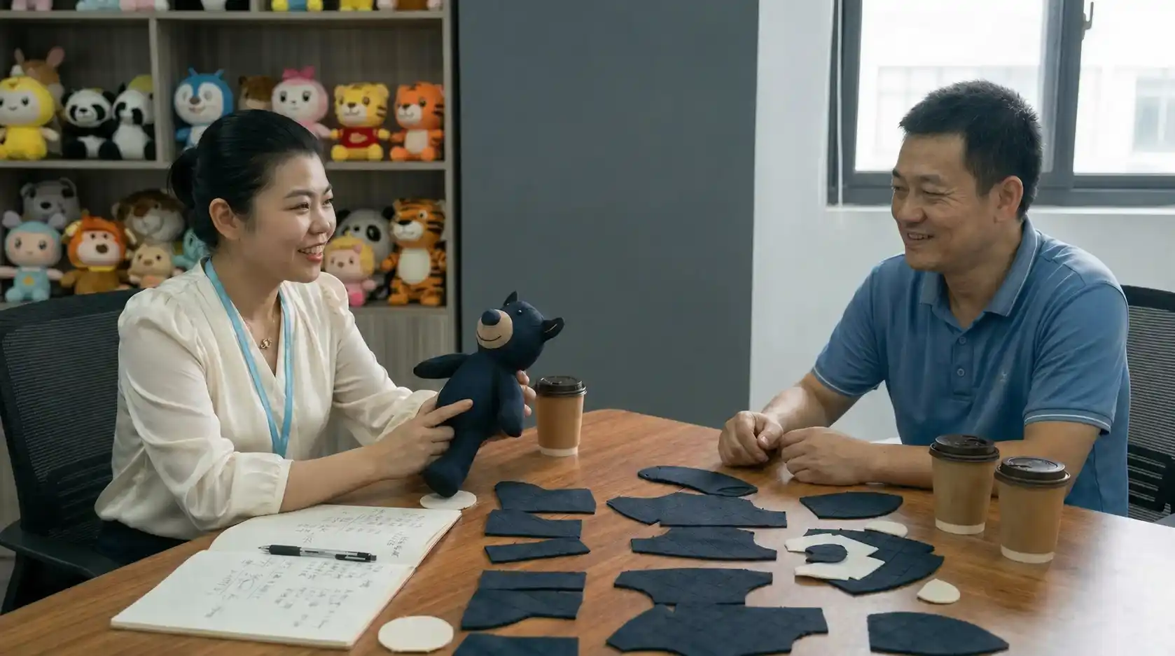 China sourcing agent discussing sample details and pricing with a supplier