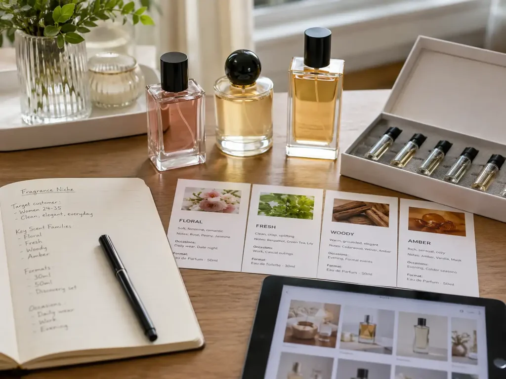 Curated perfume bottles, discovery set, and fragrance family cards for planning an online perfume offer