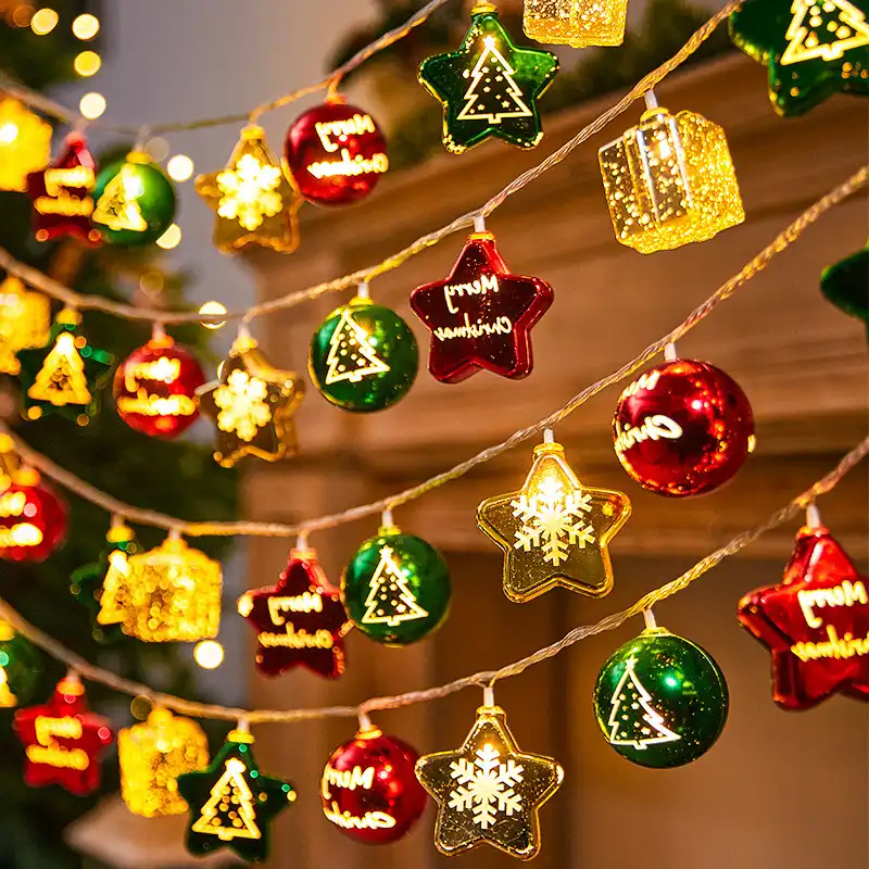 Christmas LED string lights shaped like stars, trees, gifts and ornaments