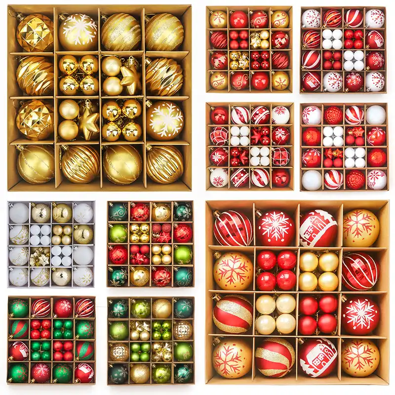 Boxed Christmas ornament bundles in red, gold, green, white and silver colors