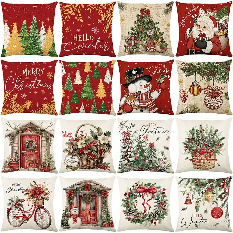 Christmas pillow covers with trees, Santa, snowmen, wreaths and winter illustrations