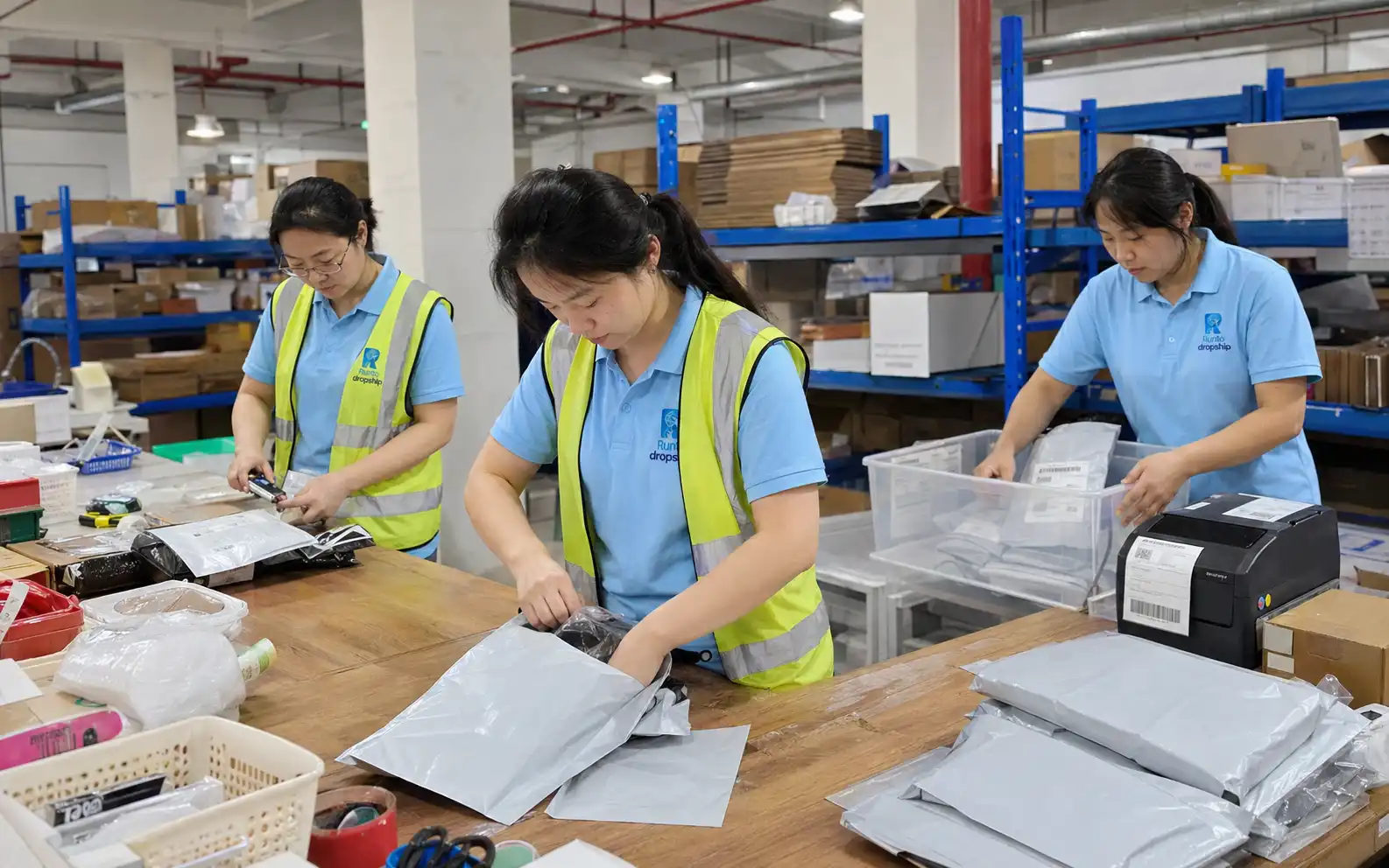 Chinese private dropshipping agent warehouse team packing clean blind-shipping poly mailers, checking labels, and organizing finished parcels at a real packing table