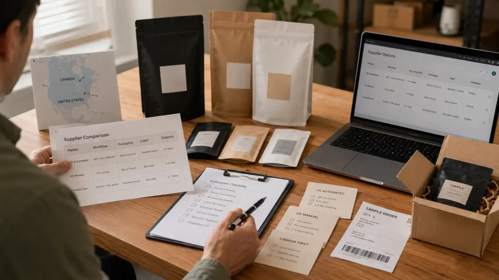 Coffee seller comparing supplier markets, workflows, packaging, shipping, and coffee samples
