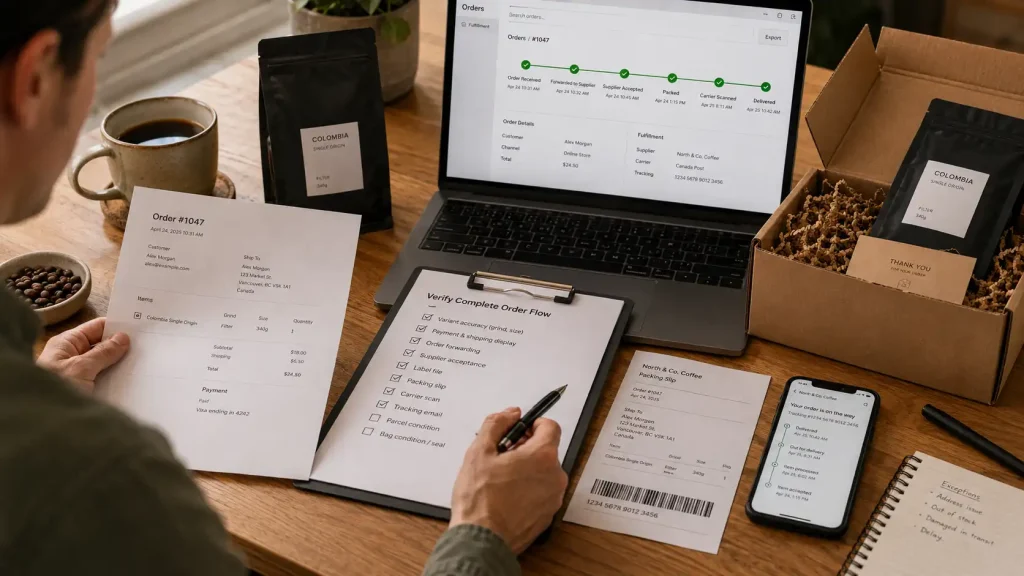 Coffee seller checking order details, supplier handoff, tracking, packing slip, and delivered parcel