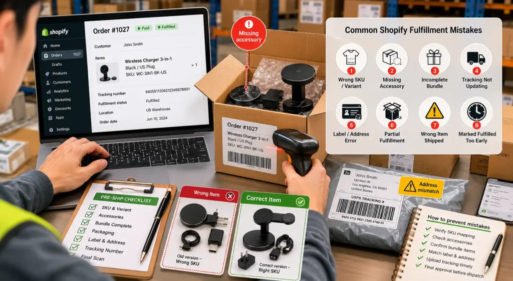 Common Shopify order fulfillment mistakes including wrong SKU, missing accessories, incomplete bundles, tracking errors, and label issues