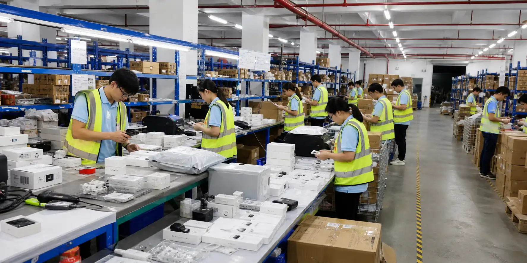 Warehouse team processing and packing consumer electronics orders for dropshipping
