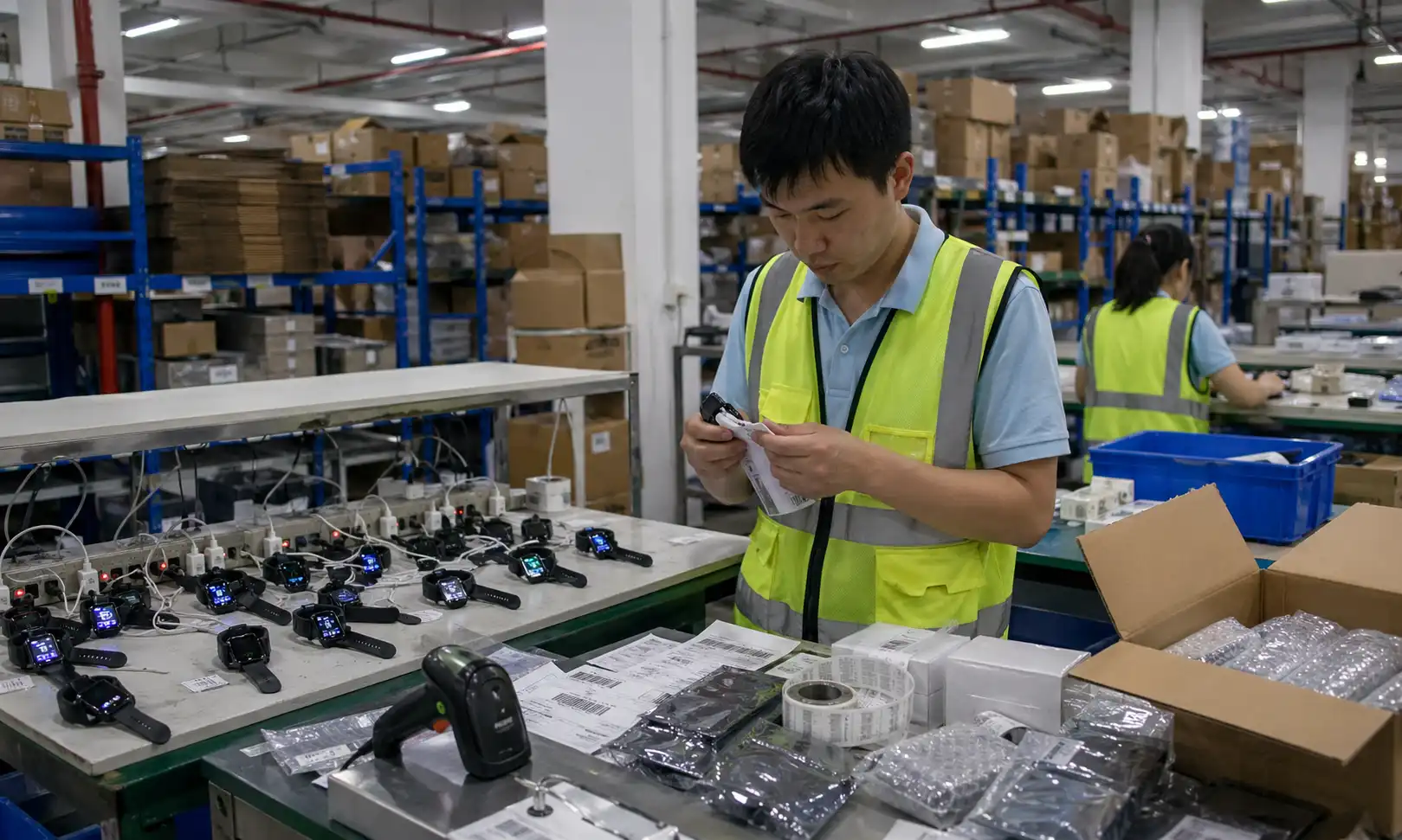Warehouse worker testing smartwatches and checking accessories before electronics dropshipping order execution