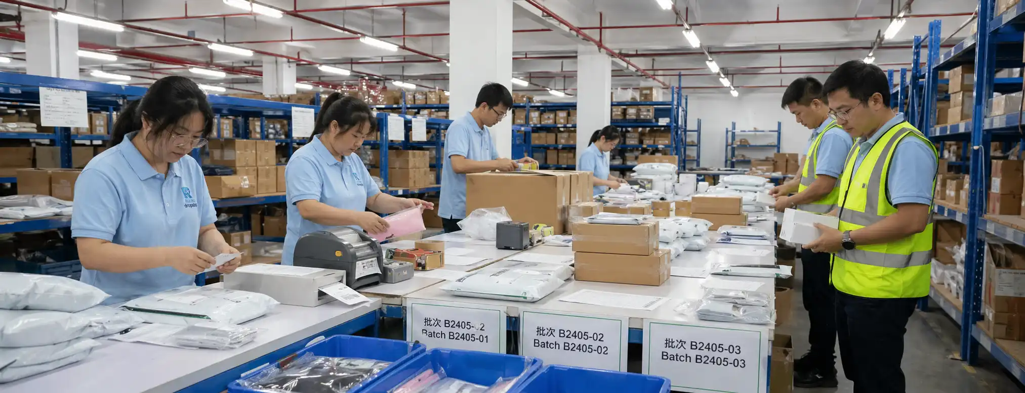 Runto private dropshipping agent team sorting batch orders and checking stock visibility in a real China warehouse