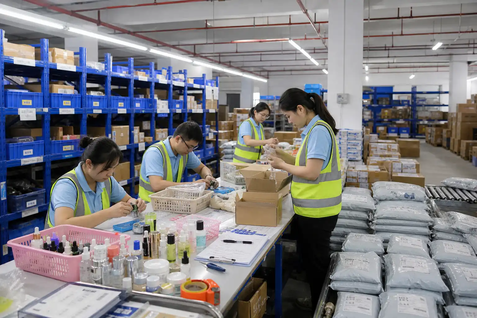 Warehouse team handling cosmetics orders through checking, packing, labeling, and outbound parcel preparation