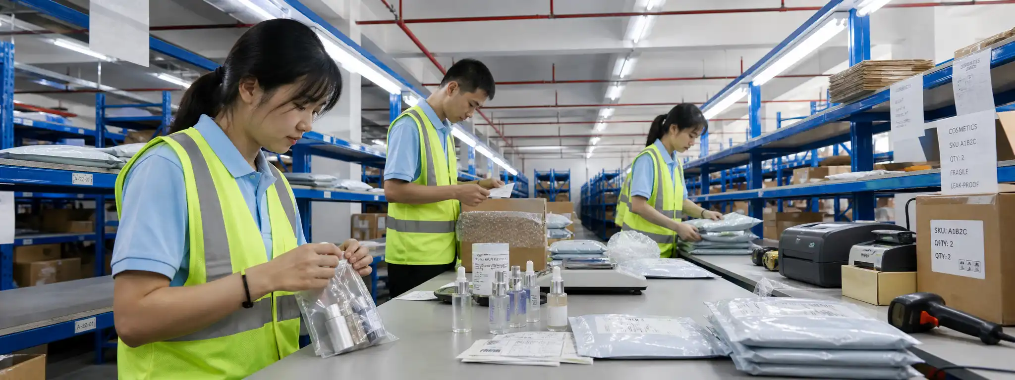 Private dropshipping agent team packing cosmetics orders with leak-proof bags, grey courier parcels, labels, and warehouse packing tools