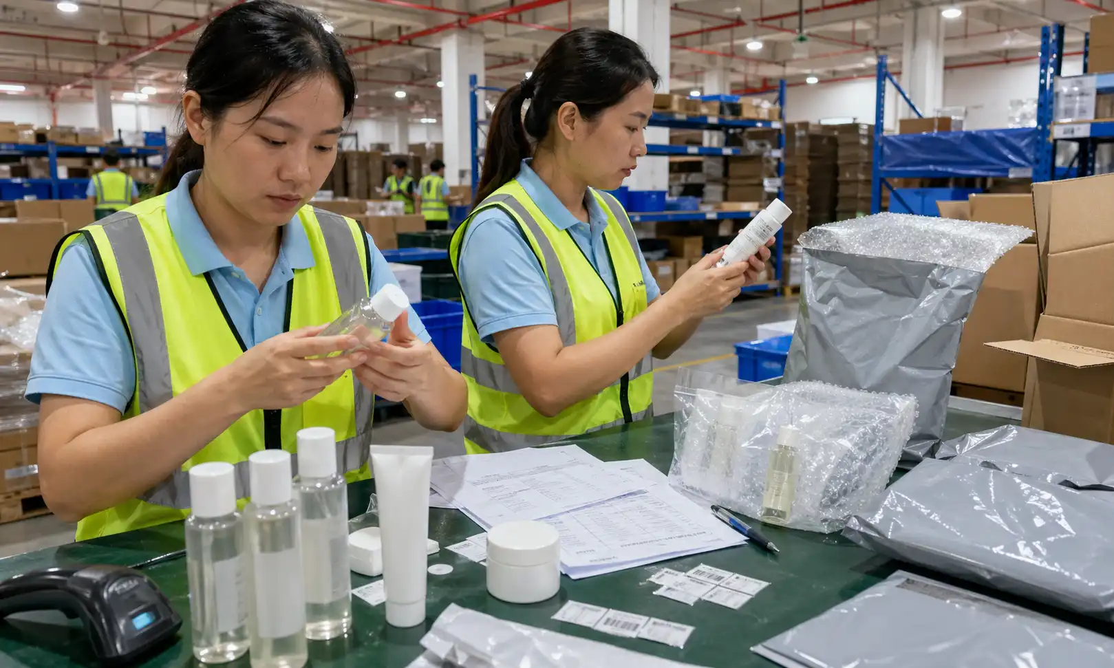 Warehouse team inspecting cosmetics bottles batch codes and leak proof packaging before dropshipping order execution
