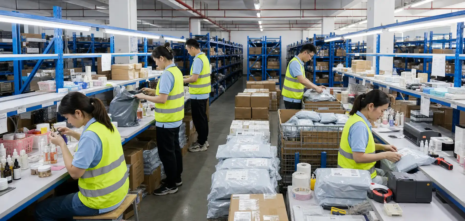 Cosmetics dropshipping warehouse team checking and packing beauty orders at a real packing table