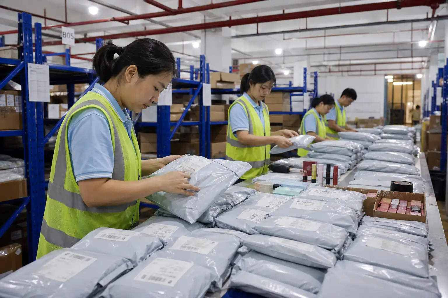 Warehouse staff checking sealed grey courier parcels and shipping labels for cosmetics orders before dispatch