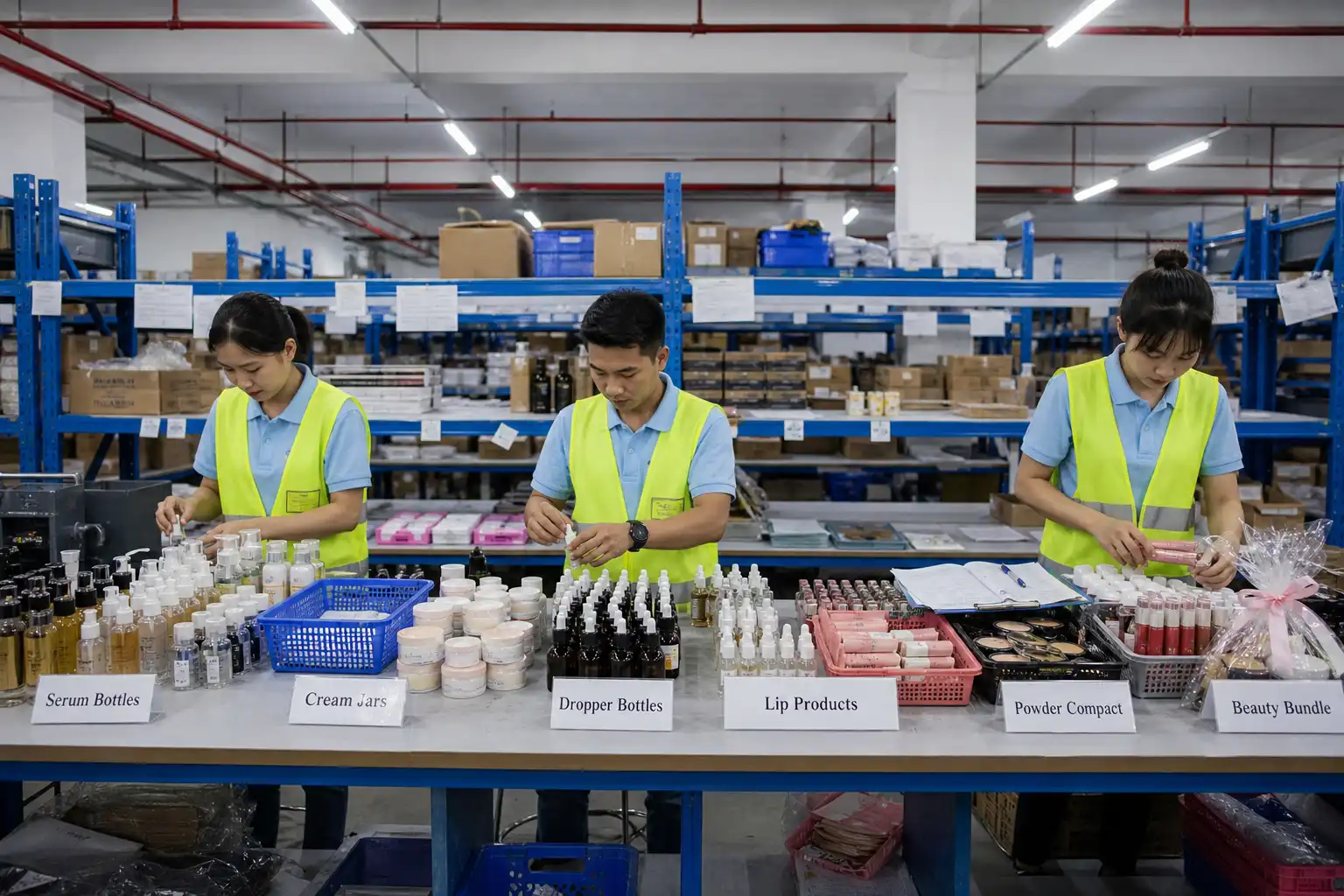 Cosmetics dropshipping SKU matrix with serum bottles, cream jars, dropper bottles, lip products, powder compacts, and beauty bundles arranged on a warehouse table