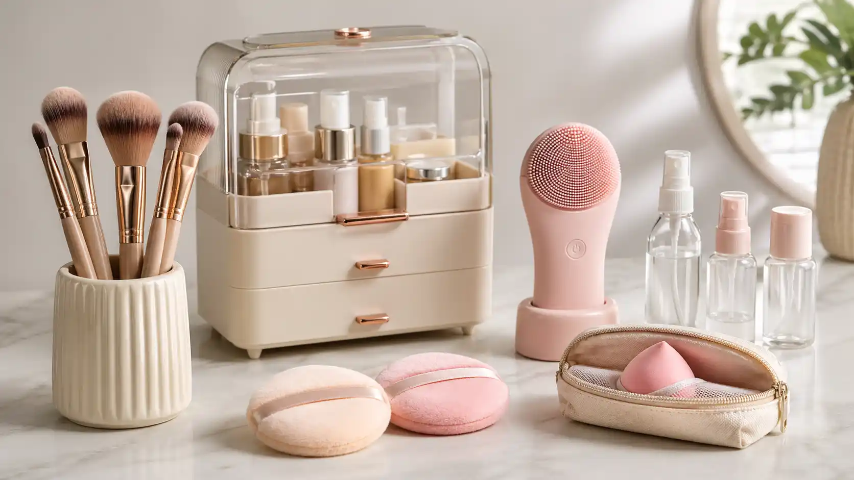 Cosmetics and beauty accessories including makeup brushes, powder puffs, organizer, cleansing brush and travel bottles