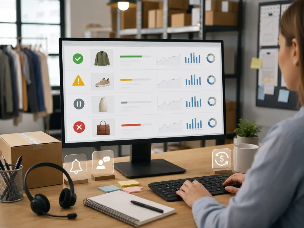Shopify stock status dashboard showing available, low stock, paused, and out-of-stock product states