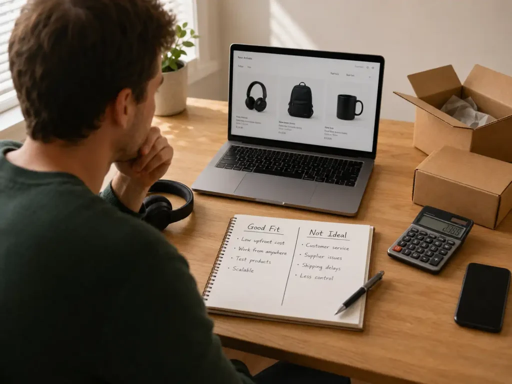 Beginner comparing the advantages and limitations of dropshipping before deciding whether the business model is a suitable fit