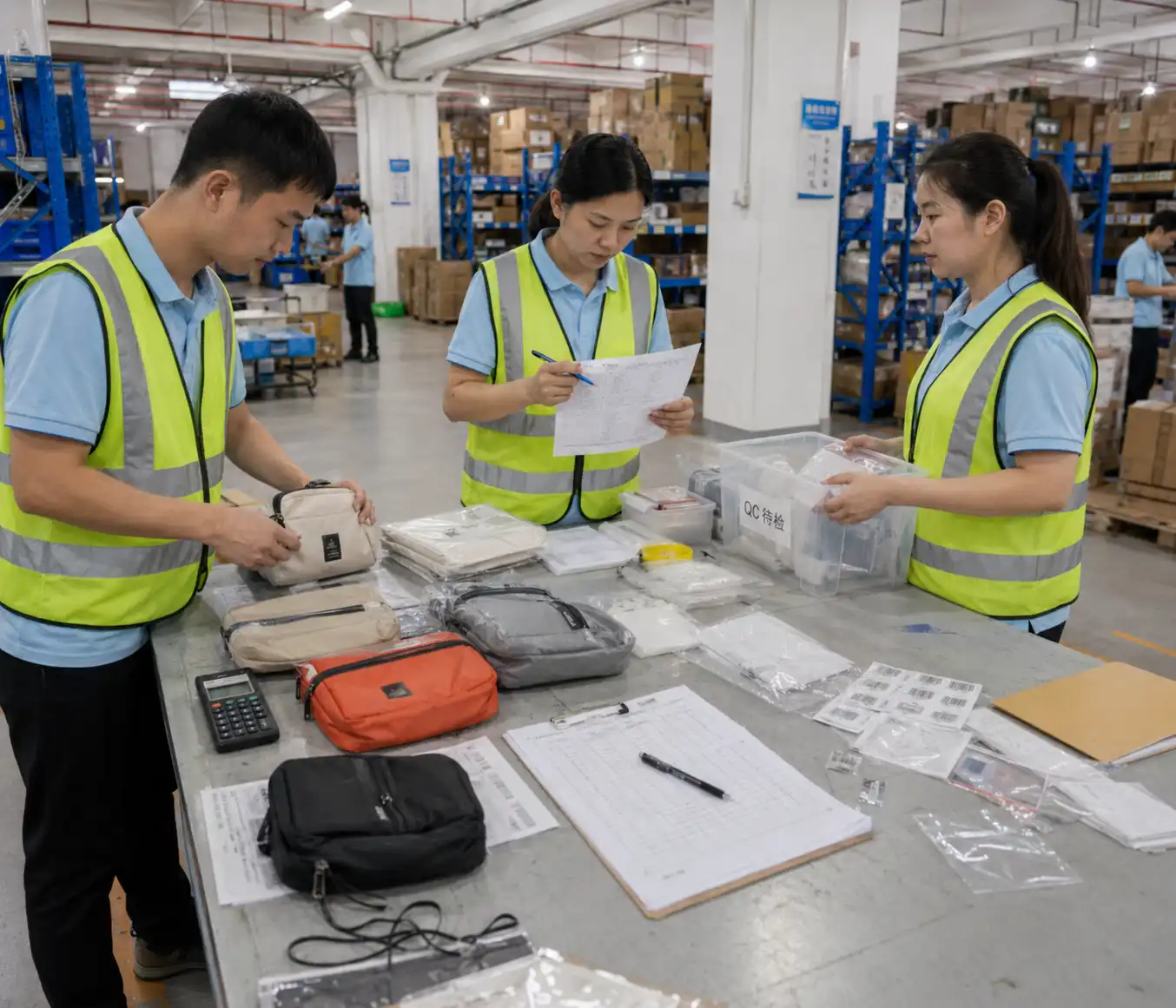China sourcing agent team reviewing product samples and QC handoff in a real warehouse