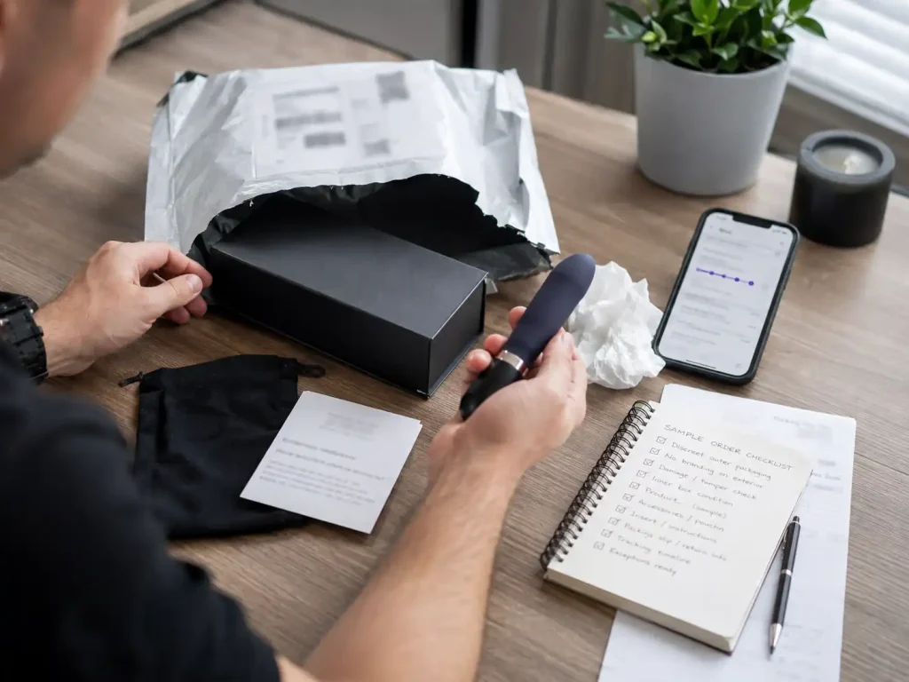 Operator inspecting discreet packaging, tracking, and a sample order for dropshipping sex toys