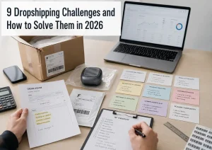Ecommerce operator reviewing dropshipping challenges at a desk with parcel, QC checklist, laptop, and shipping documents
