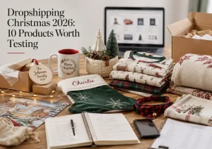 Dropshipping Christmas 2026 product testing workspace with holiday gifts, packaging, checklist and shipping box
