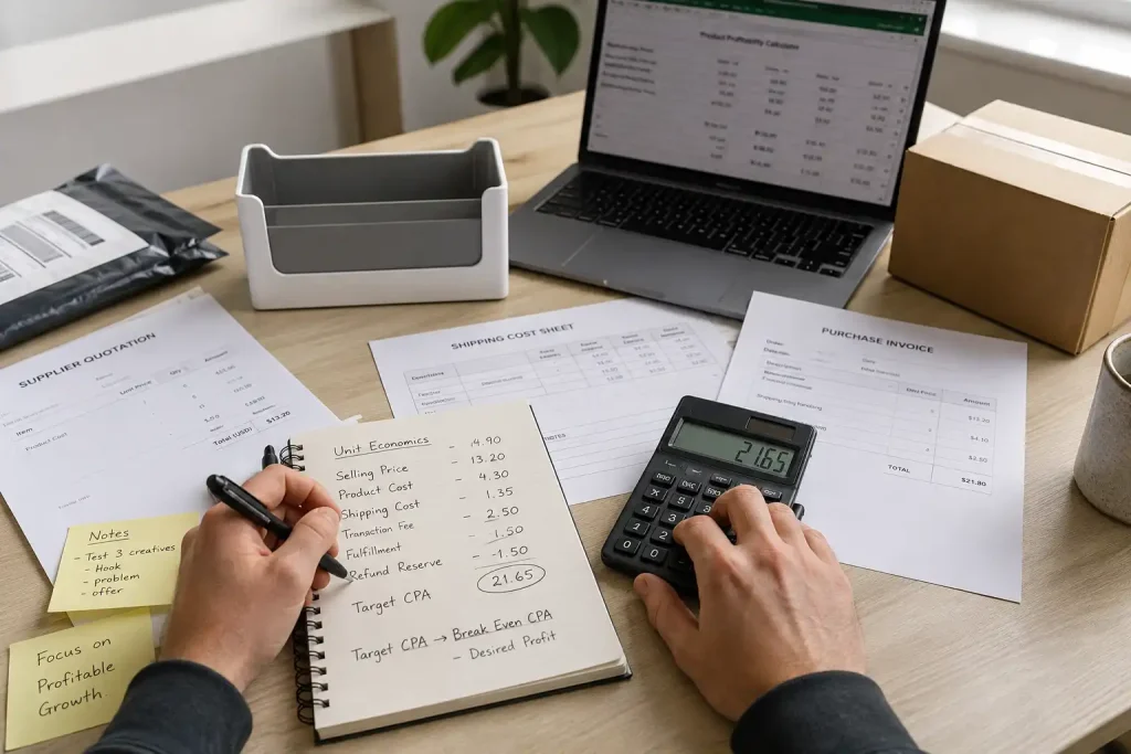 Ecommerce seller calculating dropshipping marketing costs and target CPA for a product