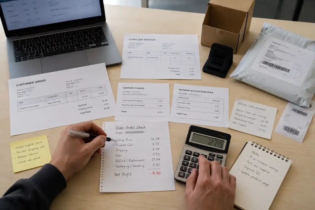 Ecommerce operator reviewing product cost, shipping, fees, and refund expenses for a dropshipping order
