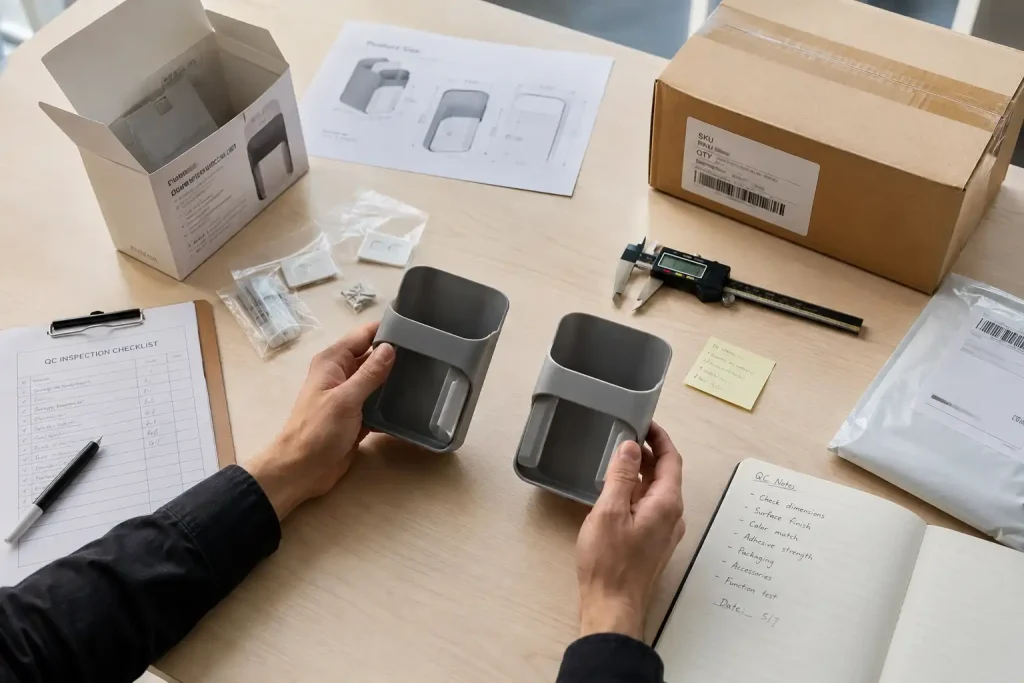 Operator comparing an approved product sample with a supplier batch during dropshipping quality control