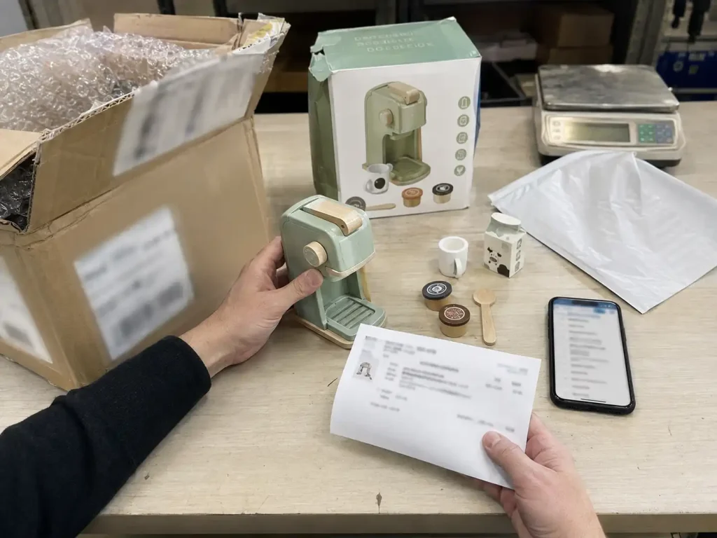 Ecommerce operator checking a delivered toy, accessories, packaging, and tracking after a test order