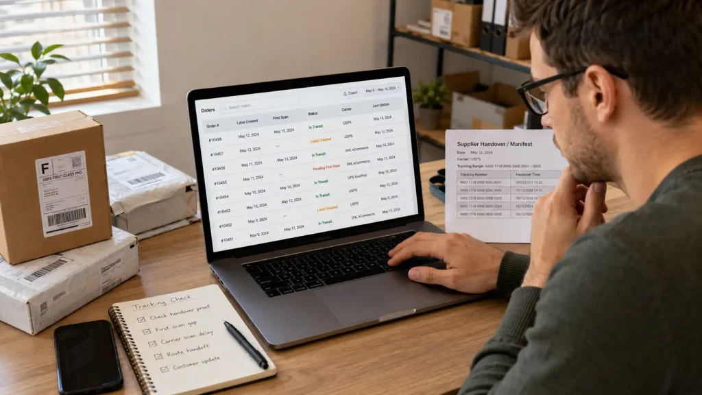 Dropshipping seller reviewing label dates, first scans, carrier handover records, and delayed tracking orders