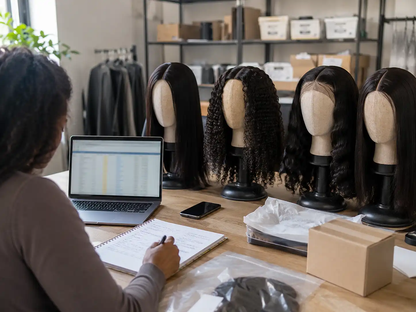 Operator comparing wig samples from different dropshipping suppliers
