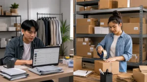Dropshipping vs Wholesale comparison showing a beginner seller managing online orders and another seller packing wholesale inventory boxes
