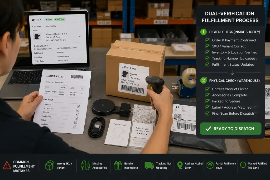 Dual verification fulfillment process checking Shopify order data and warehouse packing before dispatch