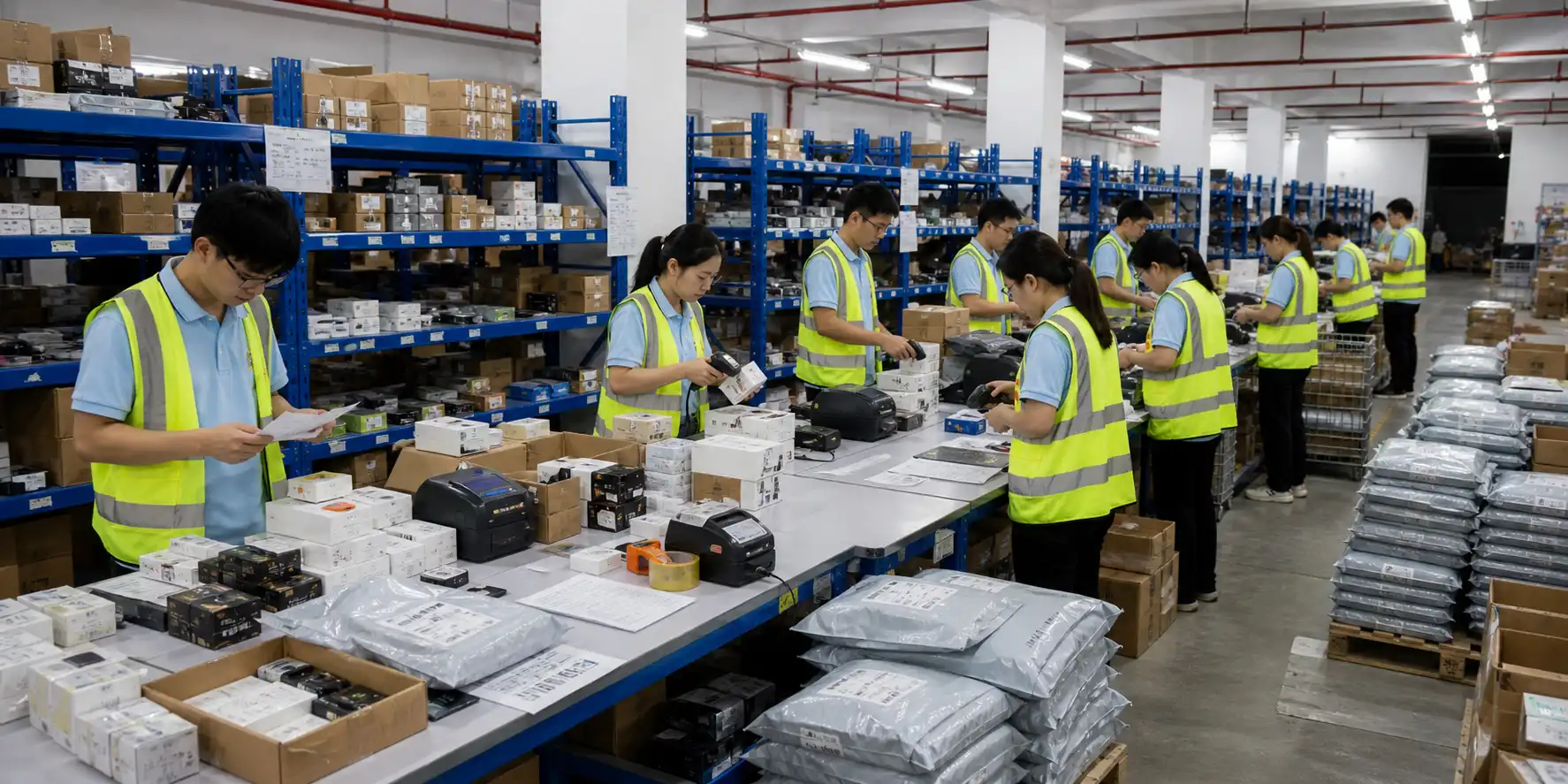 Warehouse team packing, scanning, and preparing electronics orders for dispatch