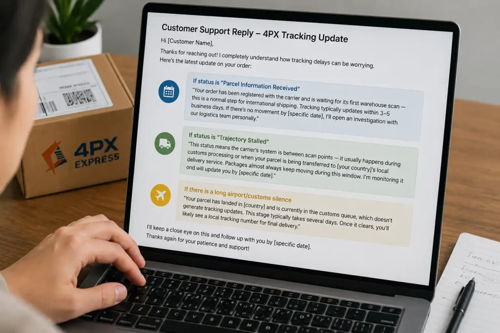 Dropshipping seller writing a customer support reply about delayed 4PX Tracking updates