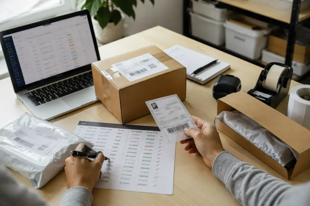 Ecommerce operator checking orders, shipping labels, tracking status, and delivery records for Facebook Marketplace fulfillment