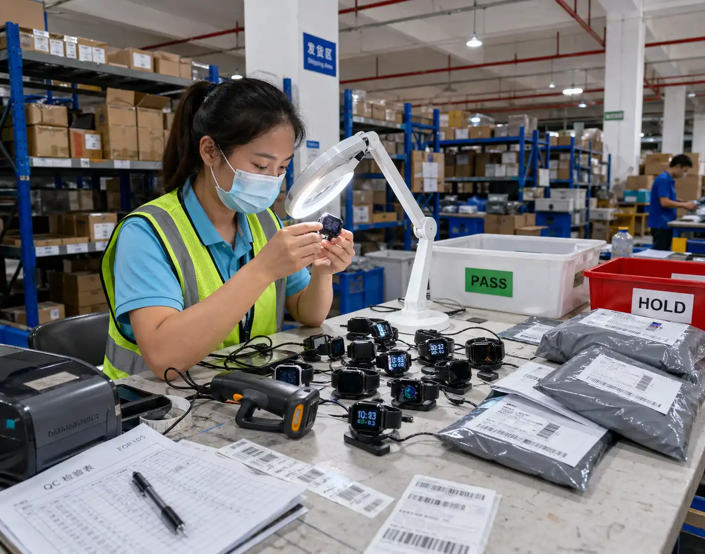 Warehouse QC inspector testing smartwatches before dropshipping order dispatch