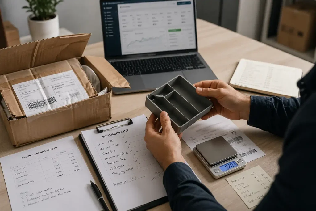 Ecommerce operator checking product quality, shipping costs, and fulfillment profitability