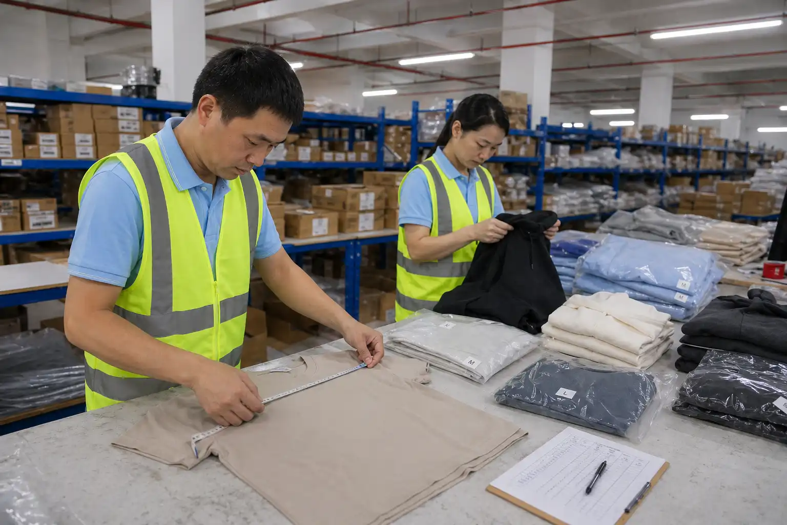 Staff measuring a T-shirt and inspecting folded apparel for size verification