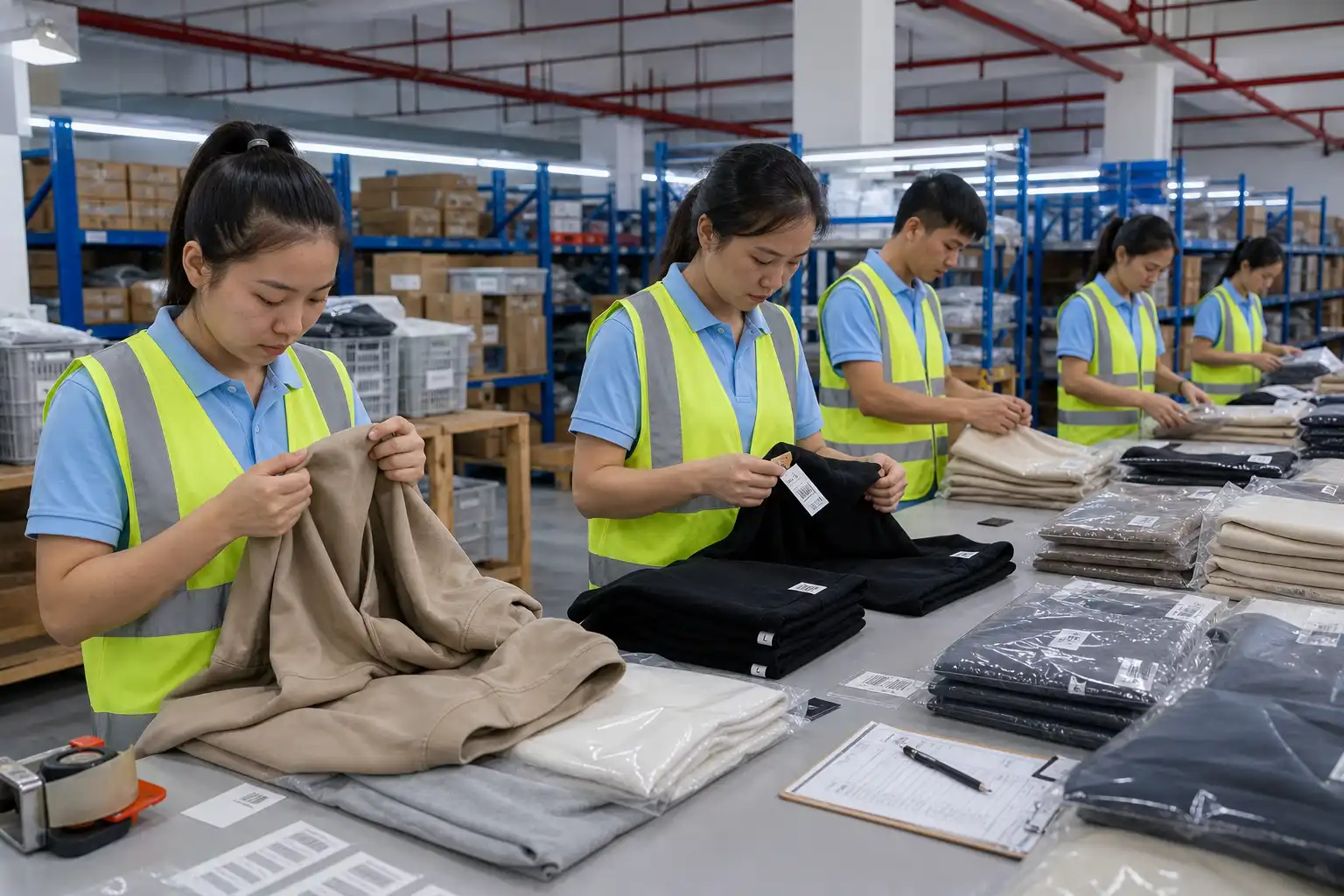 Staff inspecting folded garments and checking labels at a warehouse table