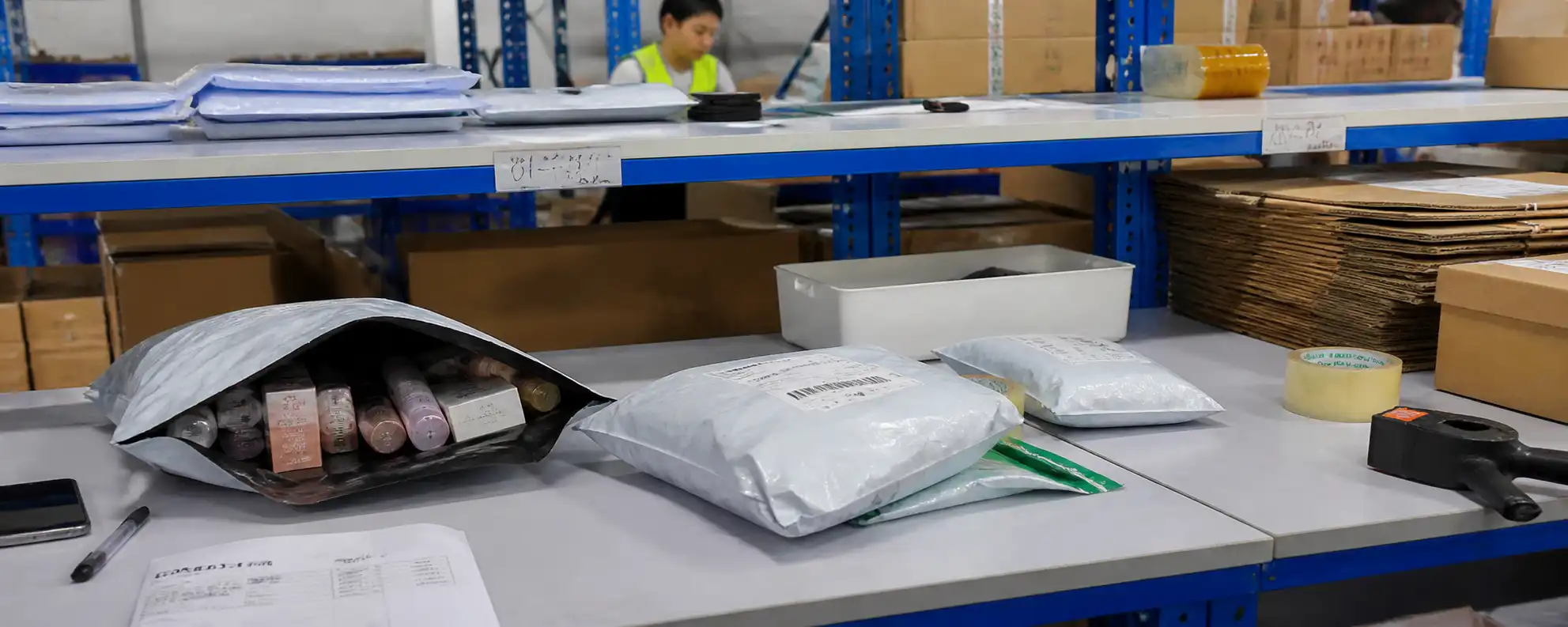Generic parcel handling with cosmetics items placed in a grey courier mailer on a warehouse packing table