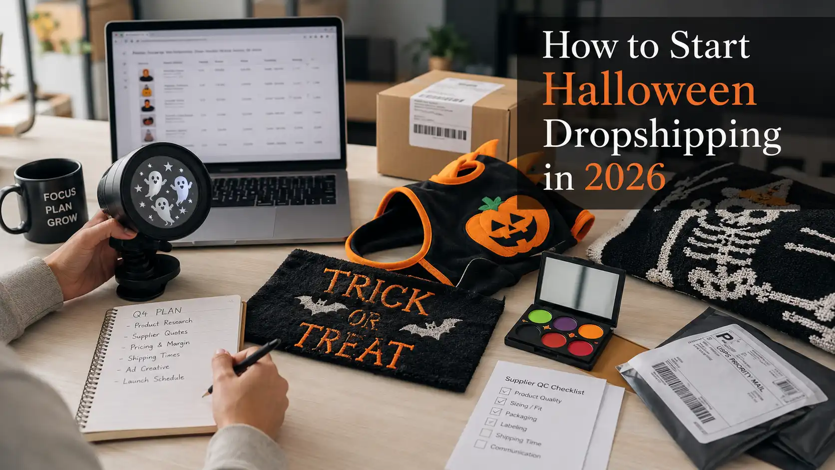 Halloween dropshipping workspace with product samples, laptop, shipping materials, and planning notes