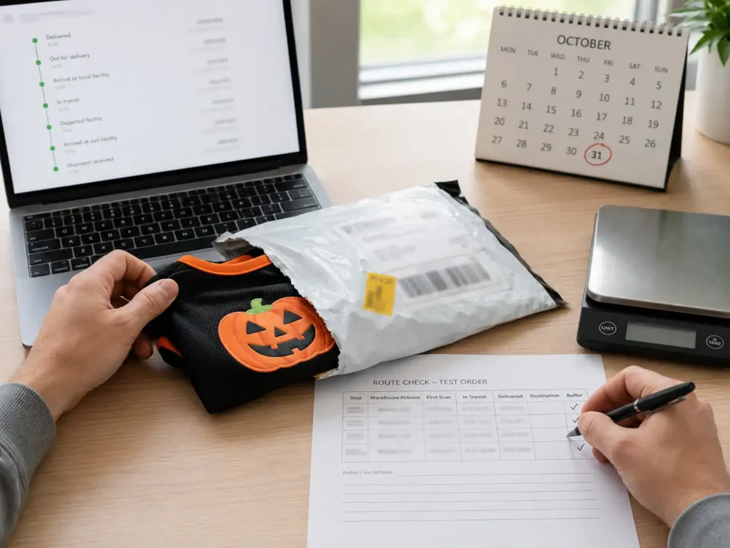 Ecommerce operator checking a Halloween test order against shipping tracking and delivery timing